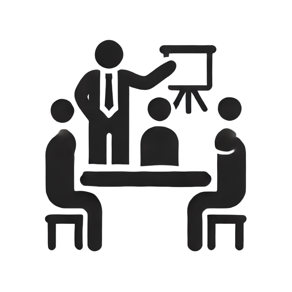 A minimalist black icon on a white background featuring a trainer or instructor explaining something to a group or a team in a meeting. The design sho Photoroom